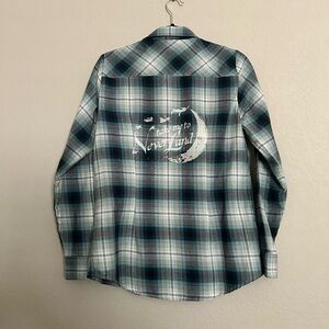 Disney Peter Pan Neverland Plaid Women Woven Button-Up (size medium)